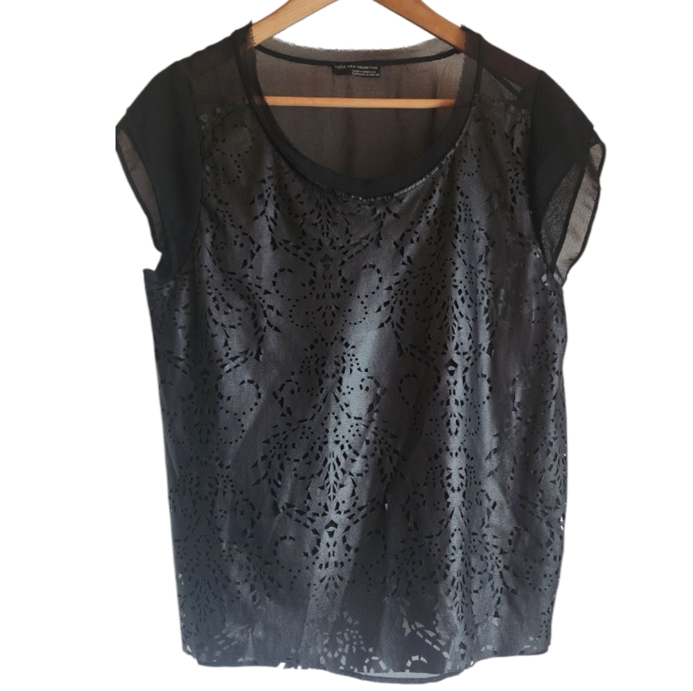 Zara W&B Collection Chiffon‎ And Faux Leather Women's Top Size M